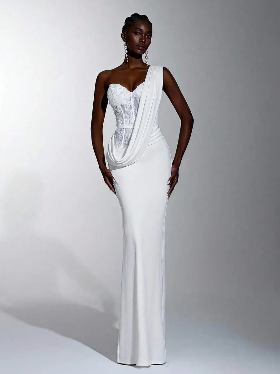 Elitara Vestido de Noiva Elegante e Sofisticado com Renda Branca, Sem Alças, Cintura Transparente, Design Assimétrico, C — foto 4