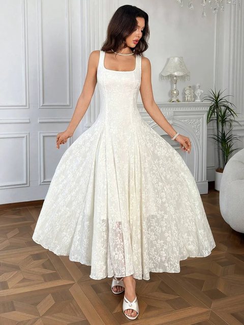 Modelyn Vestido Elegante e Romântico Feminino com Jacquard, Decote Quadrado e Plissado para Festa à Noite, Mãe da Noiva,