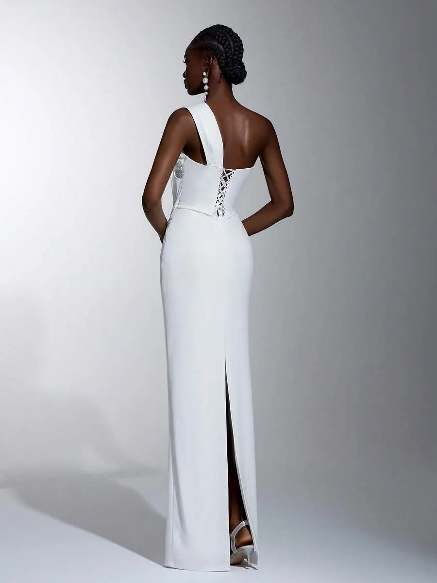 Elitara Vestido de Noiva Elegante e Sofisticado com Renda Branca, Sem Alças, Cintura Transparente, Design Assimétrico, C — foto 2