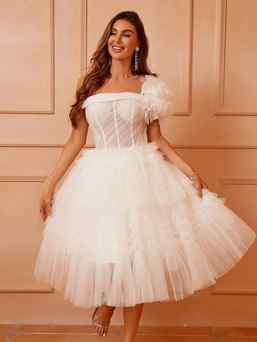 Belle Vestido De Casamento De Malha Com Enfeite De Babado Fora Do Ombro — foto 7