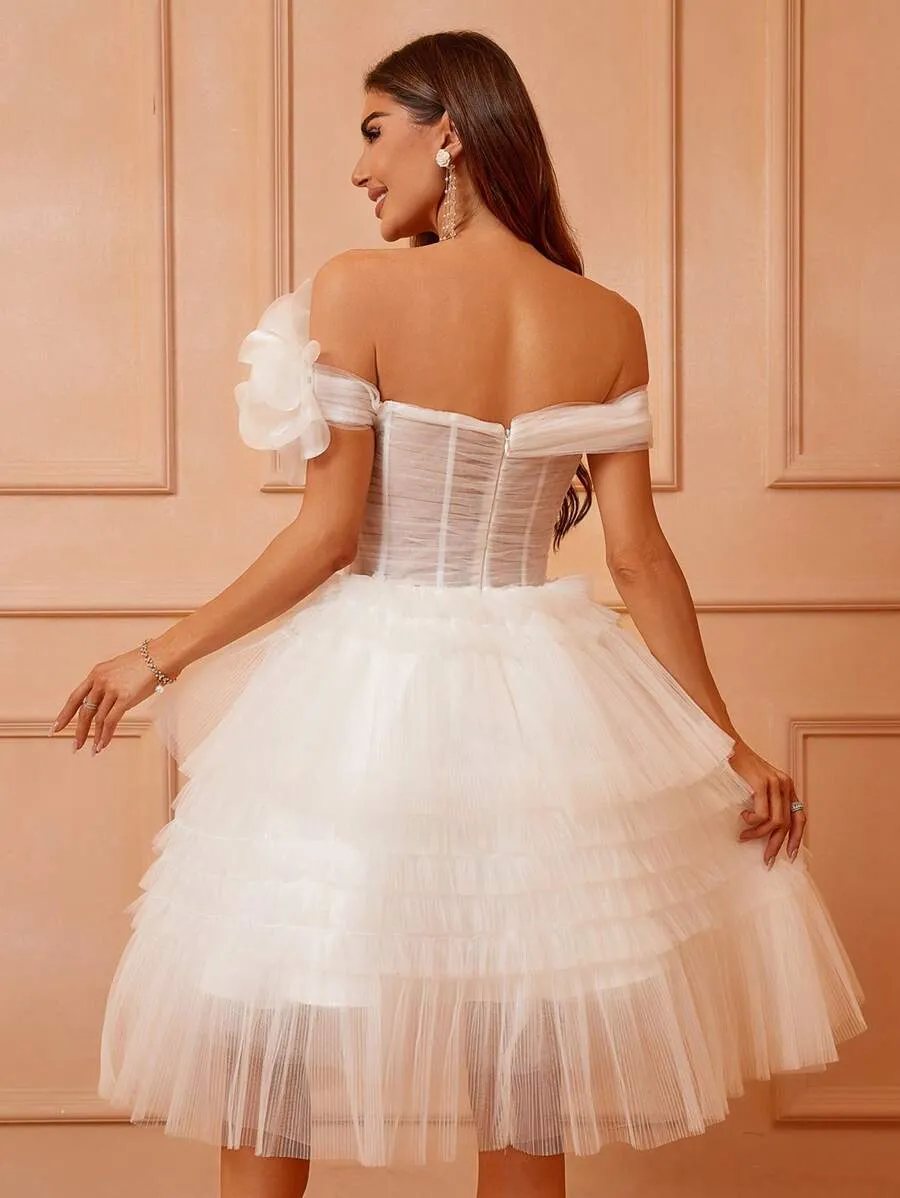 Belle Vestido De Casamento De Malha Com Enfeite De Babado Fora Do Ombro — foto 5