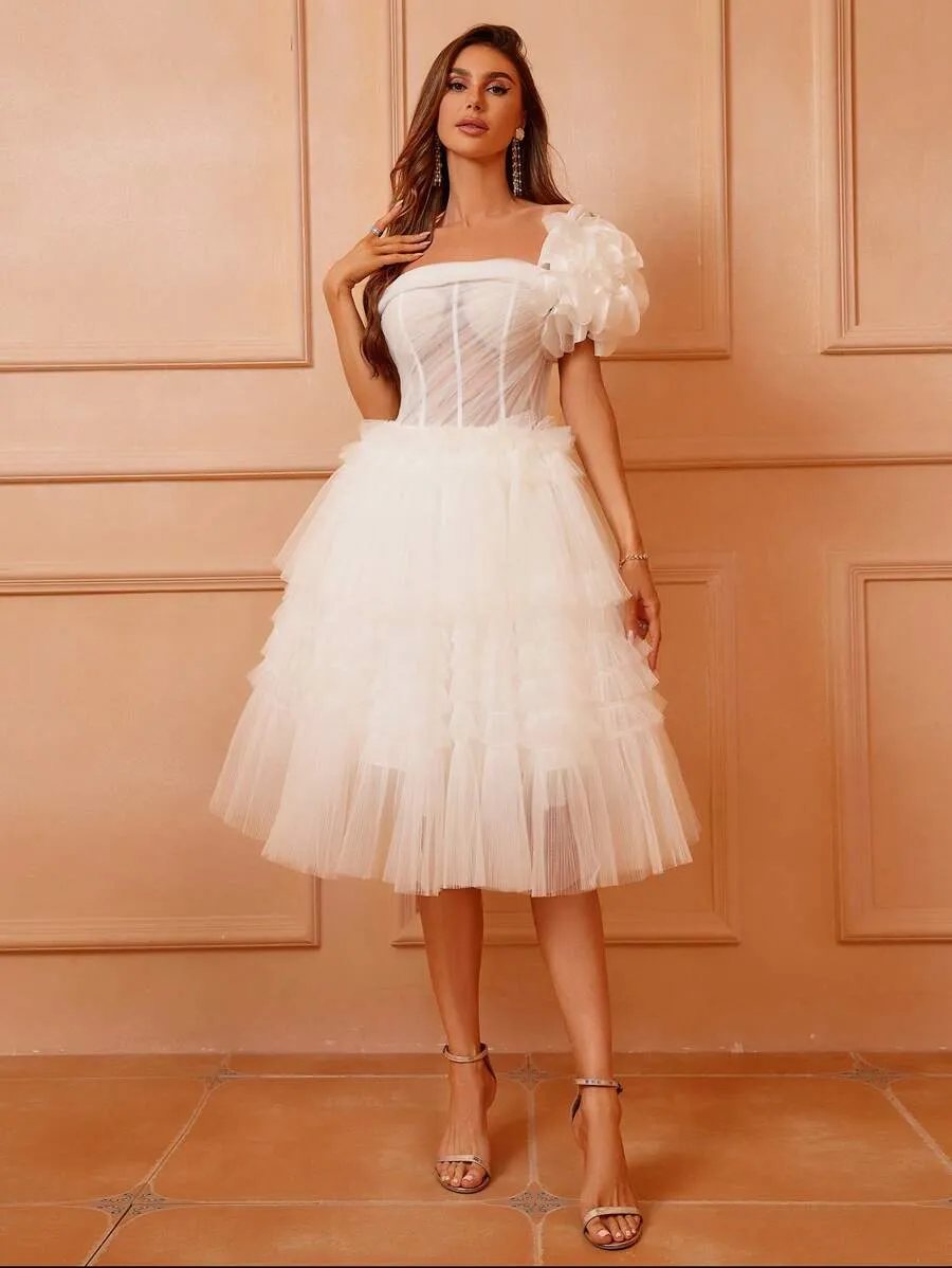 Belle Vestido De Casamento De Malha Com Enfeite De Babado Fora Do Ombro — foto 6