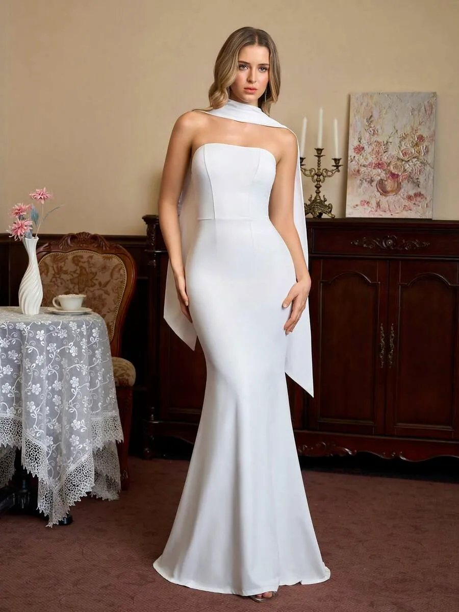 PARTHEA Vestido Longo Sereia Elegante de Cor Sólida para Mulheres, Design de Gola Xale com Ombros à Mostra, Vestido Ajus — foto 7