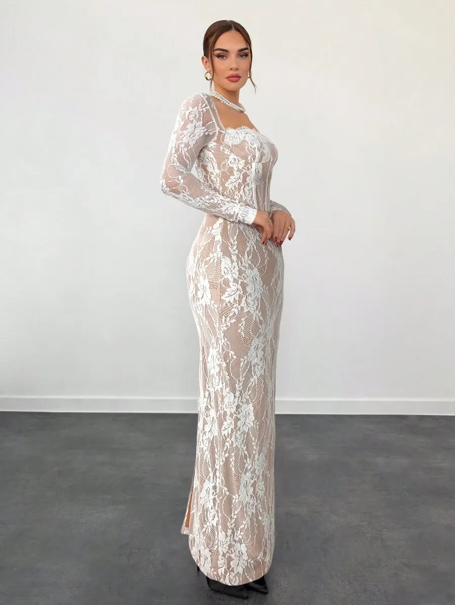 loruh Vestido Feminino Bege Elegante de Outono para Convidada de Casamento, Renda, Manga Longa, Busto com Bojo, Ajustado — foto 3
