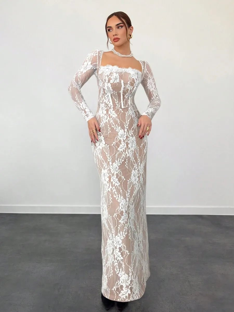 loruh Vestido Feminino Bege Elegante de Outono para Convidada de Casamento, Renda, Manga Longa, Busto com Bojo, Ajustado — foto 5