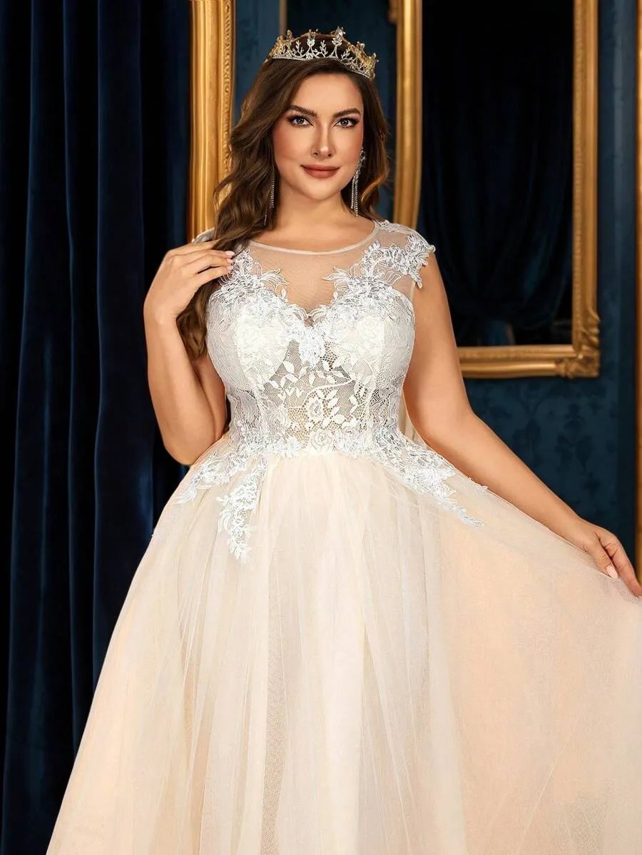 Glamrae Vestido de Noiva Pesado com Bordado em Tule, Manga Curta, Decote com Aplicação, Linha A, Contraste de Cor Elegan — foto 9
