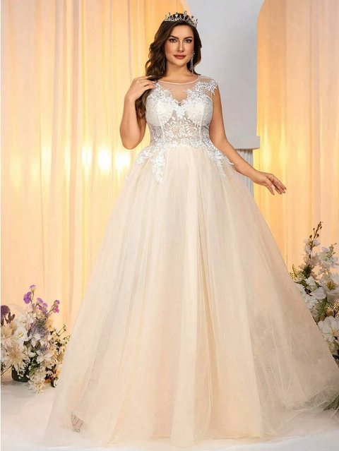 Glamrae Vestido de Noiva Pesado com Bordado em Tule, Manga Curta, Decote com Aplicação, Linha A, Contraste de Cor Elegan