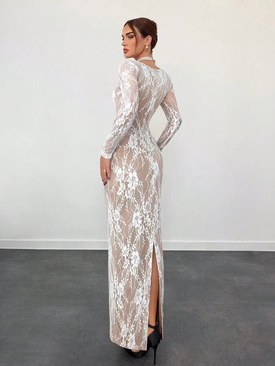 loruh Vestido Feminino Bege Elegante de Outono para Convidada de Casamento, Renda, Manga Longa, Busto com Bojo, Ajustado — foto 2