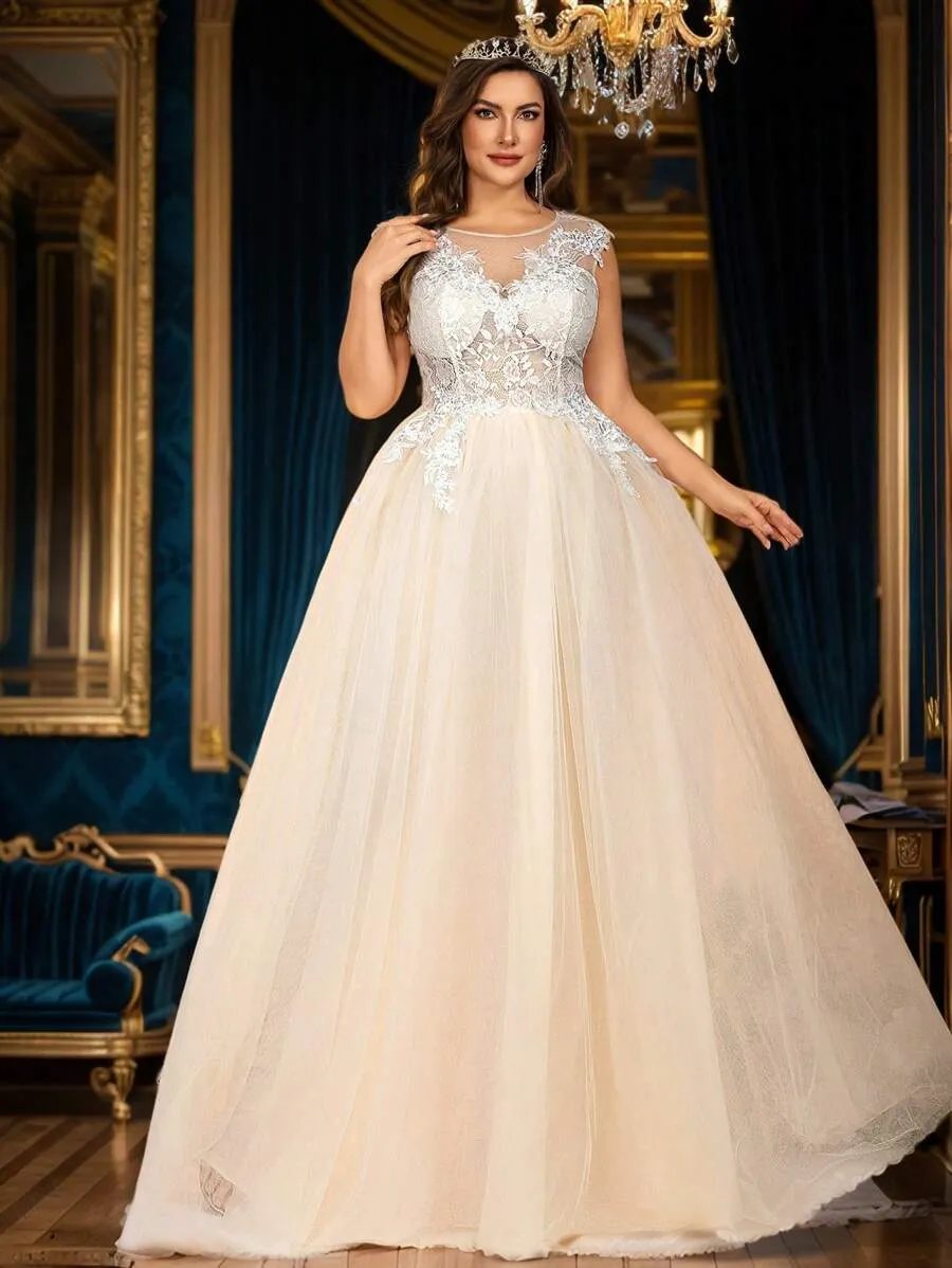 Glamrae Vestido de Noiva Pesado com Bordado em Tule, Manga Curta, Decote com Aplicação, Linha A, Contraste de Cor Elegan — foto 2