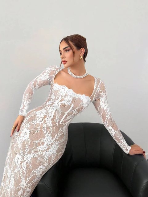 loruh Vestido Feminino Bege Elegante de Outono para Convidada de Casamento, Renda, Manga Longa, Busto com Bojo, Ajustado