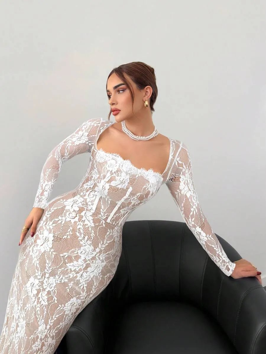 loruh Vestido Feminino Bege Elegante de Outono para Convidada de Casamento, Renda, Manga Longa, Busto com Bojo, Ajustado — foto 1