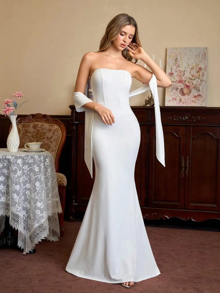 PARTHEA Vestido Longo Sereia Elegante de Cor Sólida para Mulheres, Design de Gola Xale com Ombros à Mostra, Vestido Ajus — foto 1