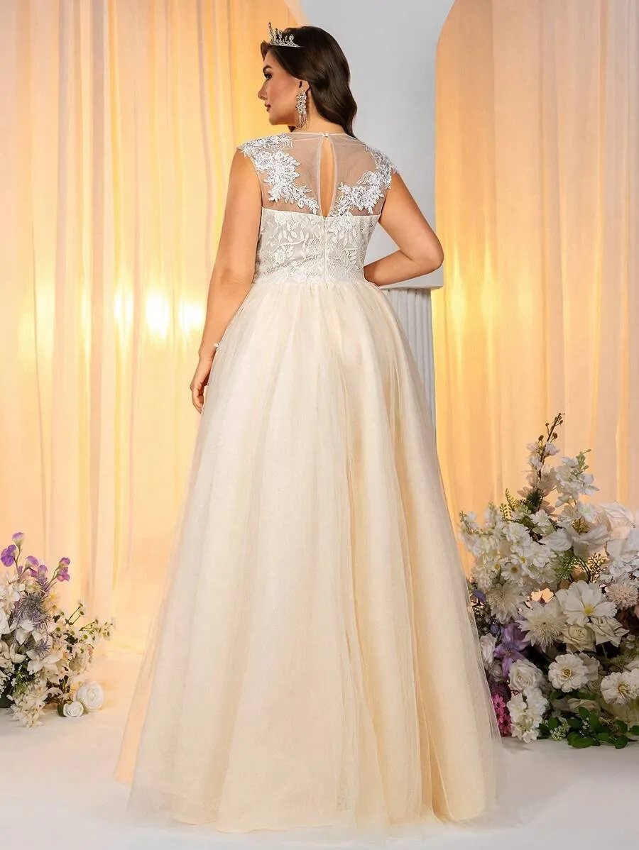 Glamrae Vestido de Noiva Pesado com Bordado em Tule, Manga Curta, Decote com Aplicação, Linha A, Contraste de Cor Elegan — foto 5