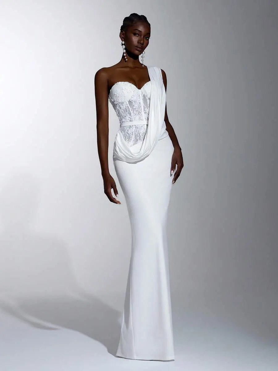 Elitara Vestido de Noiva Elegante e Sofisticado com Renda Branca, Sem Alças, Cintura Transparente, Design Assimétrico, C — foto 3