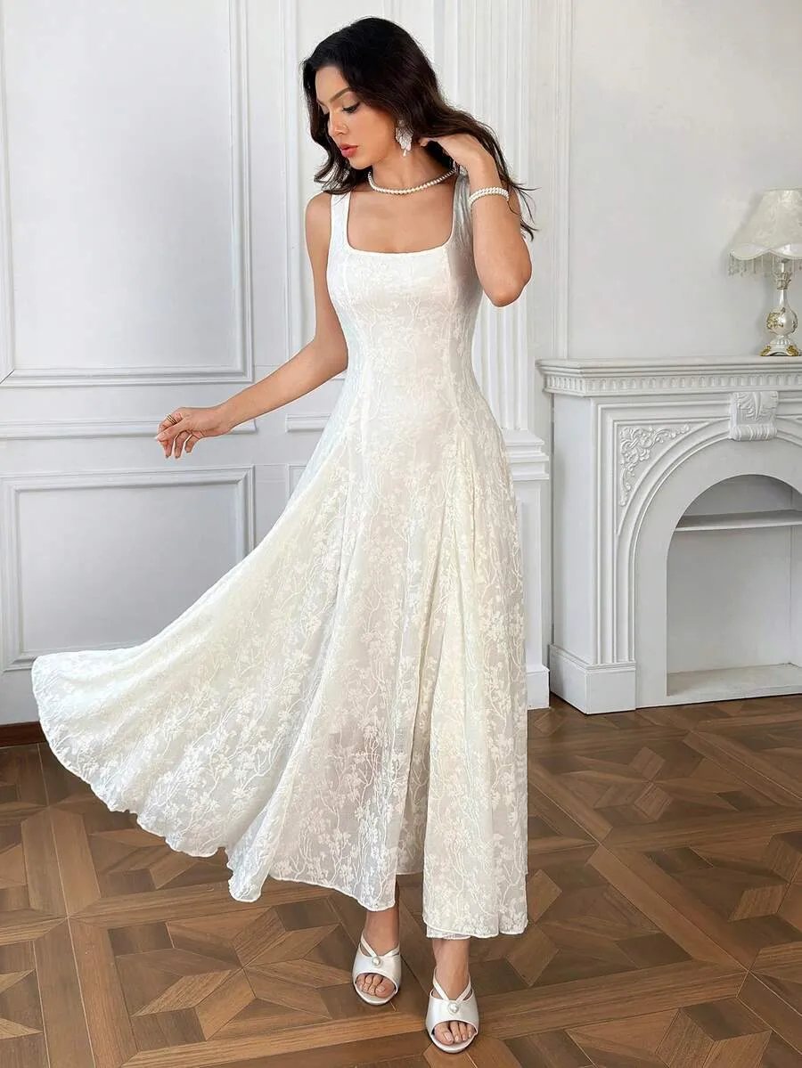 Modelyn Vestido Elegante e Romântico Feminino com Jacquard, Decote Quadrado e Plissado para Festa à Noite, Mãe da Noiva, — foto 5