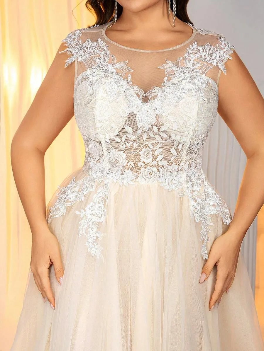 Glamrae Vestido de Noiva Pesado com Bordado em Tule, Manga Curta, Decote com Aplicação, Linha A, Contraste de Cor Elegan — foto 8