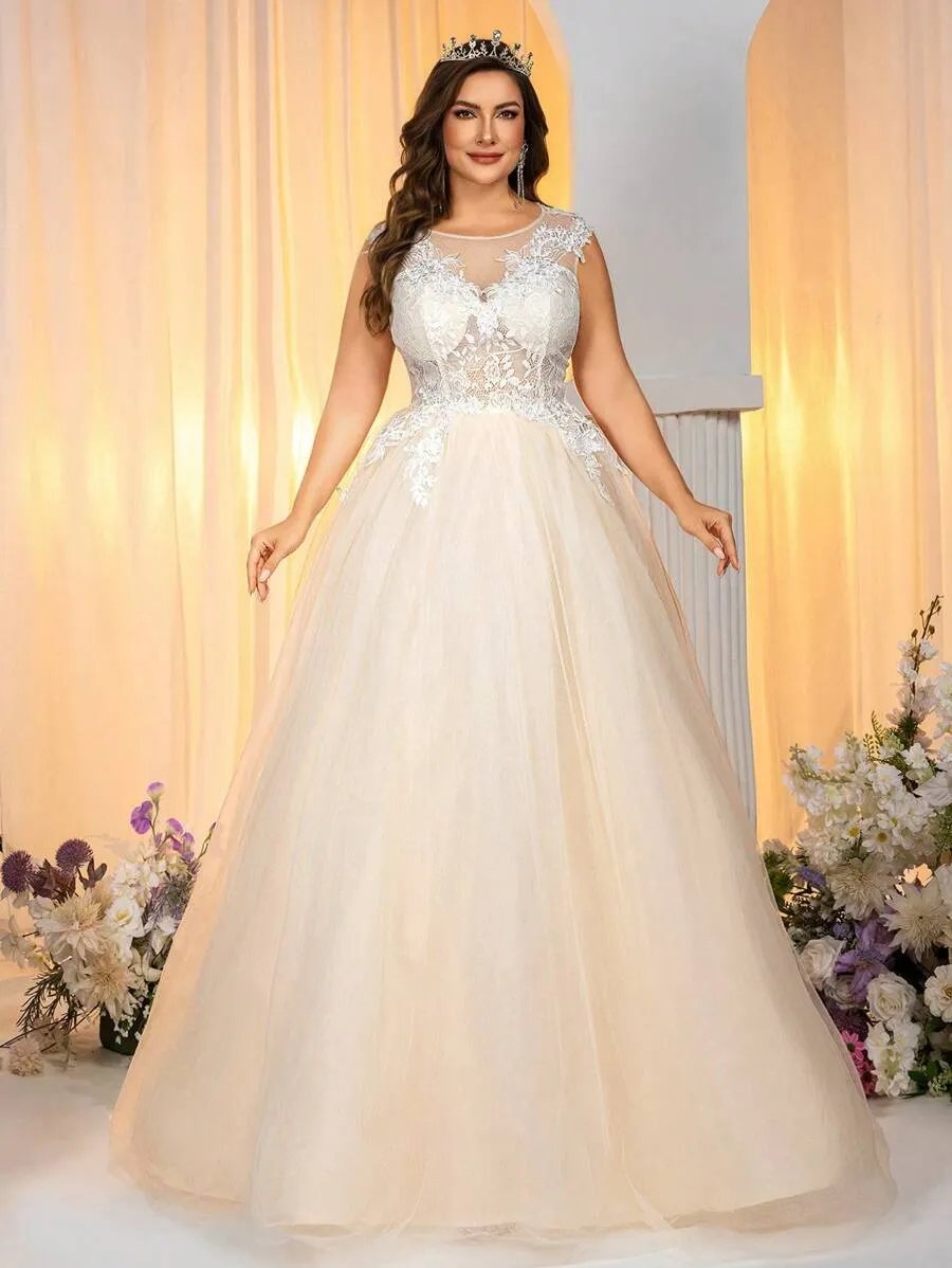 Glamrae Vestido de Noiva Pesado com Bordado em Tule, Manga Curta, Decote com Aplicação, Linha A, Contraste de Cor Elegan — foto 6
