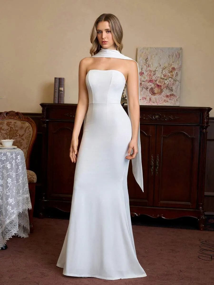 PARTHEA Vestido Longo Sereia Elegante de Cor Sólida para Mulheres, Design de Gola Xale com Ombros à Mostra, Vestido Ajus — foto 8