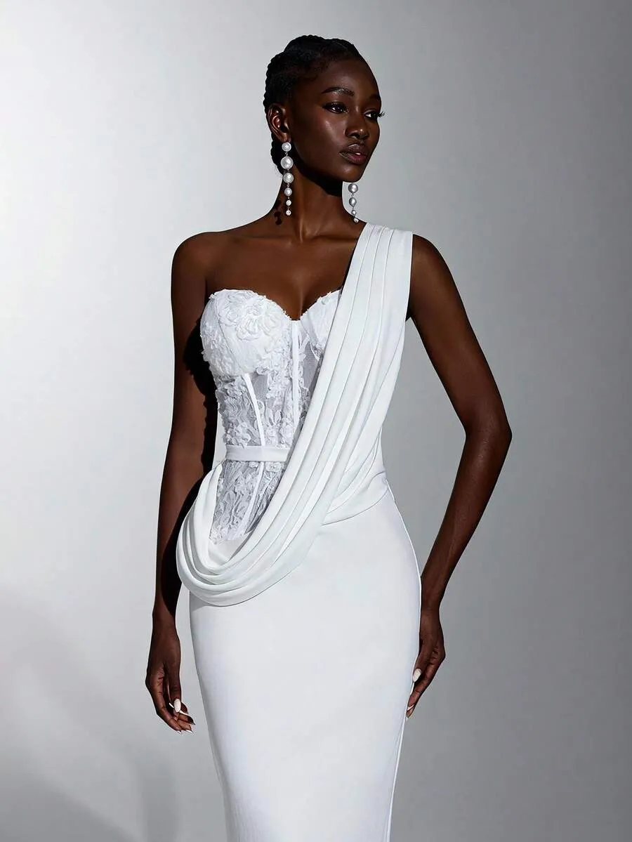 Elitara Vestido de Noiva Elegante e Sofisticado com Renda Branca, Sem Alças, Cintura Transparente, Design Assimétrico, C — foto 1